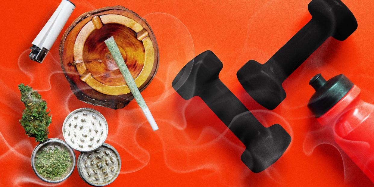 Flat-lay of dumbbells, water bottle, marijuana, and various smoking paraphernalia on top of a red background