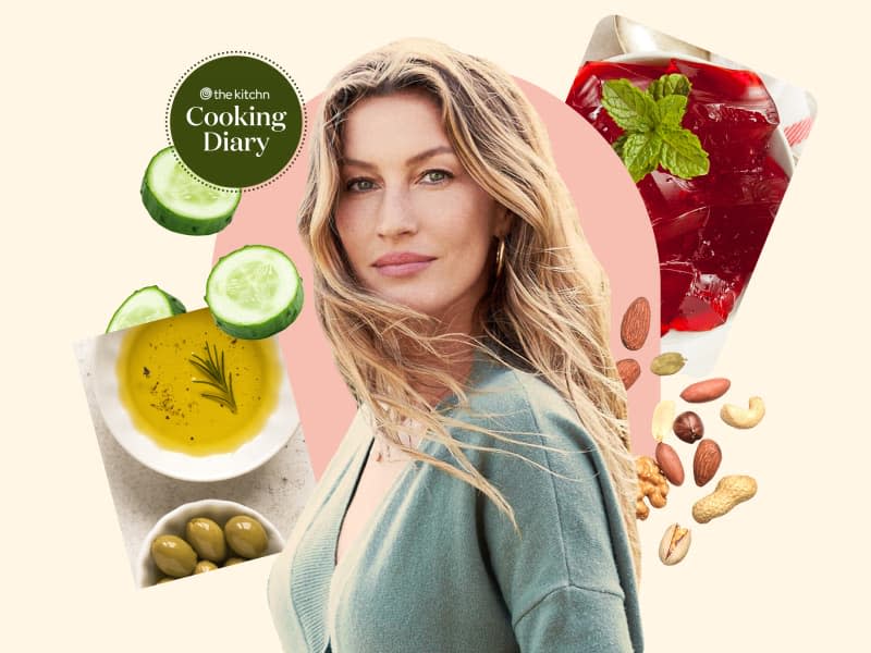 graphic collage of Gisele Bündchen surrounded by olive oil, cucumbers, cherry gelatin, and mixed nuts