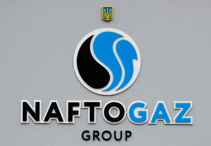 FILE PHOTO: FILE PHOTO: The logo of Ukraine's state energy company Naftogaz is seen outside the company's headquarters in central Kyiv, Ukraine