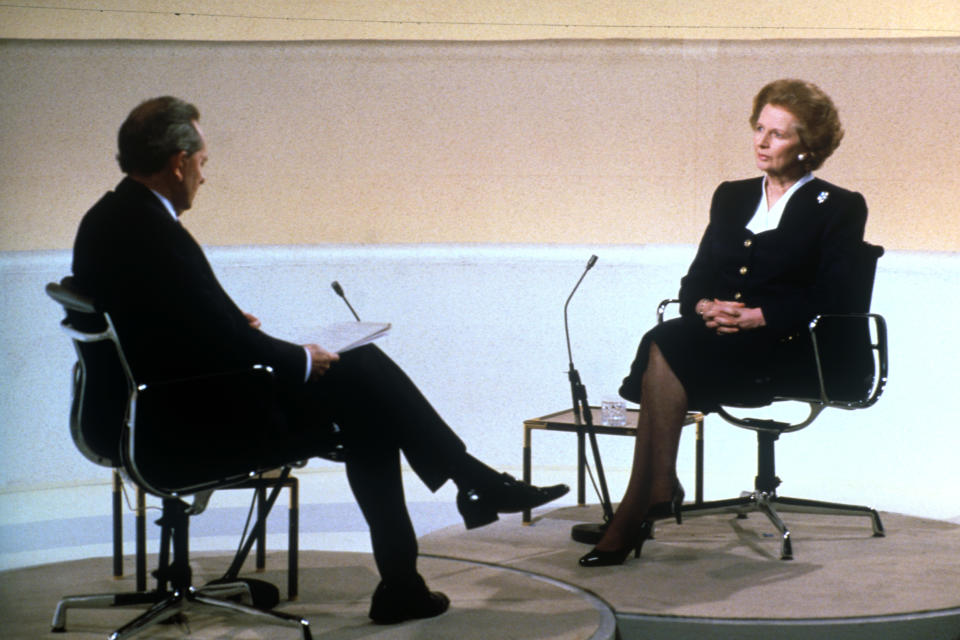Thatcher being interviewed by Walden at Southbank Studios, London. Image: PA Images via Getty Images.