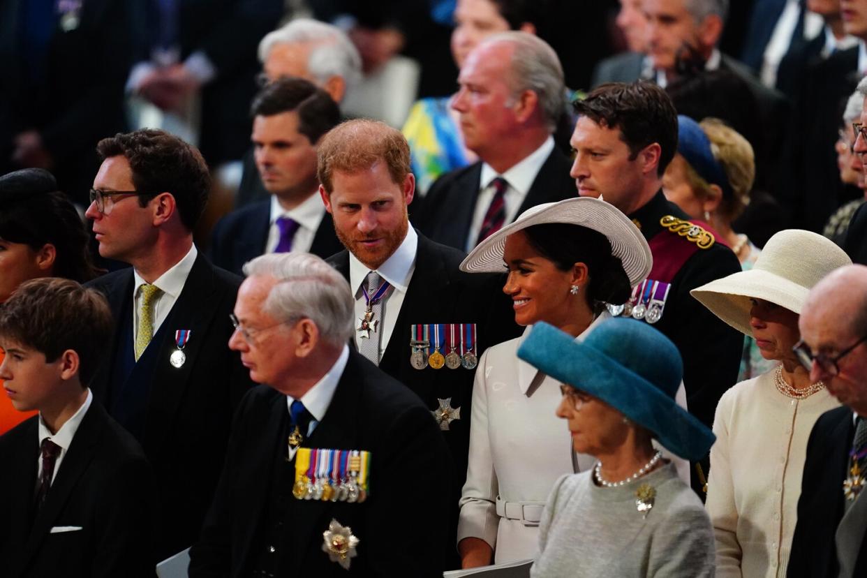 Jack Brooksbank, the Duke and Duchess of Sussex and Lady Sarah Chatto, and (front, left to right) James, Viscount Severn, the Duke and Duchess of Gloucester and the Duke of Kent during the National Service of Thanksgiving