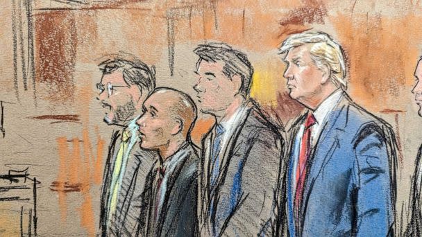 PHOTO: A courtroom sketch depicts former President Donald Trump appearing in federal court, June 13, 2023, in Miami, for an arraignment regarding 37 federal charges regarding his mishandling of classified material after leaving office. (William J. Hennessy Jr.)