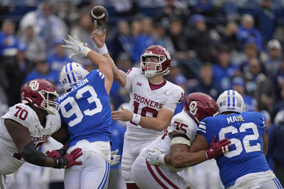 Oklahoma quarterback Jackson Arnold (10) throws against BYU during the second half of an NCAA college football game Saturday, Nov. 18, 2023, in Provo, Utah. (AP Photo/Rick Bowmer)
