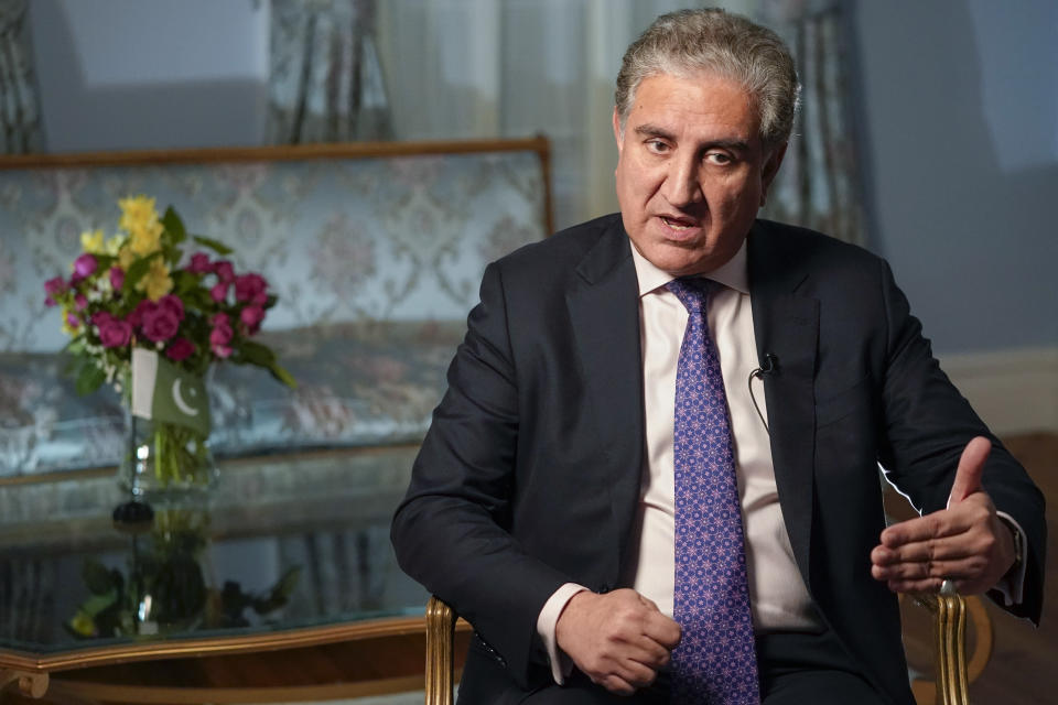 Pakistan's Foreign Minister Shah Mehmood Qureshi speaks during an interview with The Associated Press, Wednesday, Sept. 22, 2021, in New York. (AP Photo/Mary Altaffer)