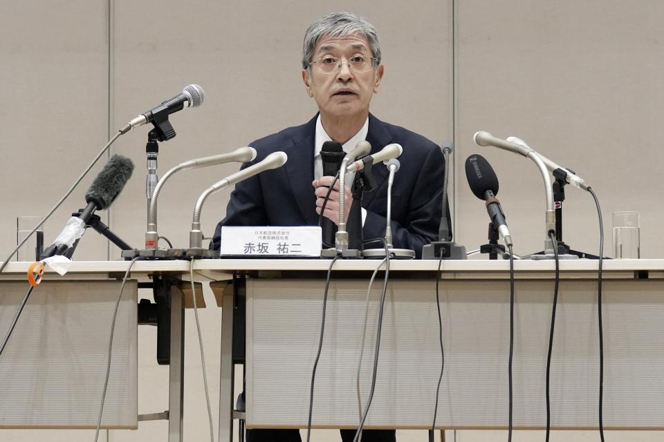 Yuji Akasaka, President and CEO of Japan Airlines speaks on a collision accident involving Japan Airlines Flight JL516 and Japan Coast Guard aircraft during a regular press conference in Tokyo, Wednesday, Jan. 17, 2024. Japan Airlines has named Mitsuko Tottori as its first woman president following a collision between one of its planes and a coast guard aircraft during Japanese New Year holidays that left five dead. Tottori will replace JAL president and CEO Yuji Akasaka, who will take over as chairman. (AP Photo/Eugene Hoshiko)