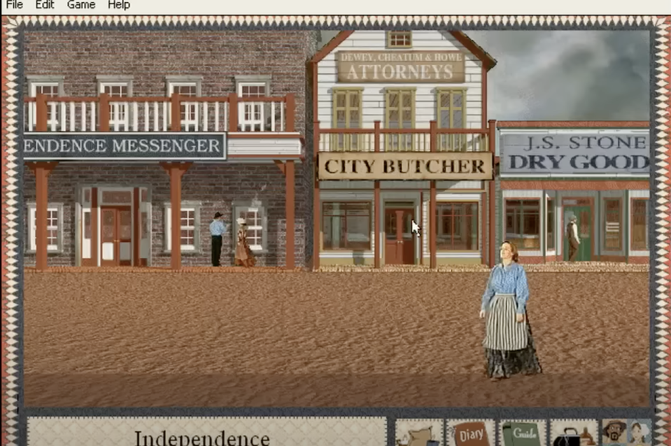 Screenshot of a computer game depicting a historical town scene with buildings and a character in period clothing