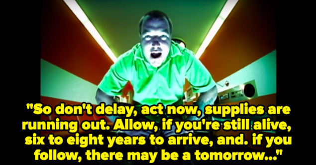 A man singing "So don't delay, act now, supplies are running out. Allow, if you're still alive, six to eight years to arrive, and, if you follow, there may be a tomorrow"