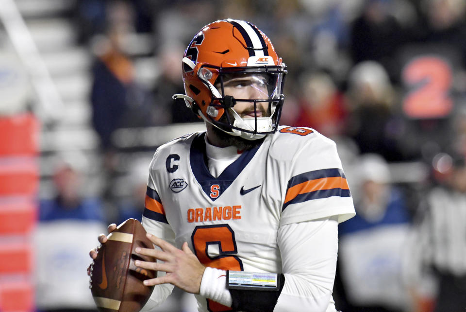 Syracuse quarterback Garrett Shrader looks to throw a pass during the first half of an NCAA college football game against Boston College, Saturday, Nov. 26, 2022, in Boston. (AP Photo/Mark Stockwell)