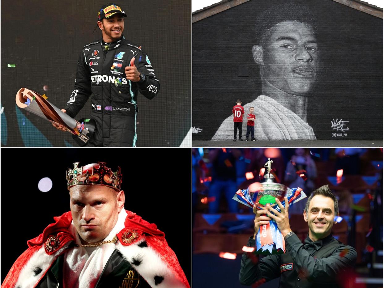 Lewis Hamilton, Marcus Rashford, Tyson Fury and Ronnie O’Sullivan (Getty)