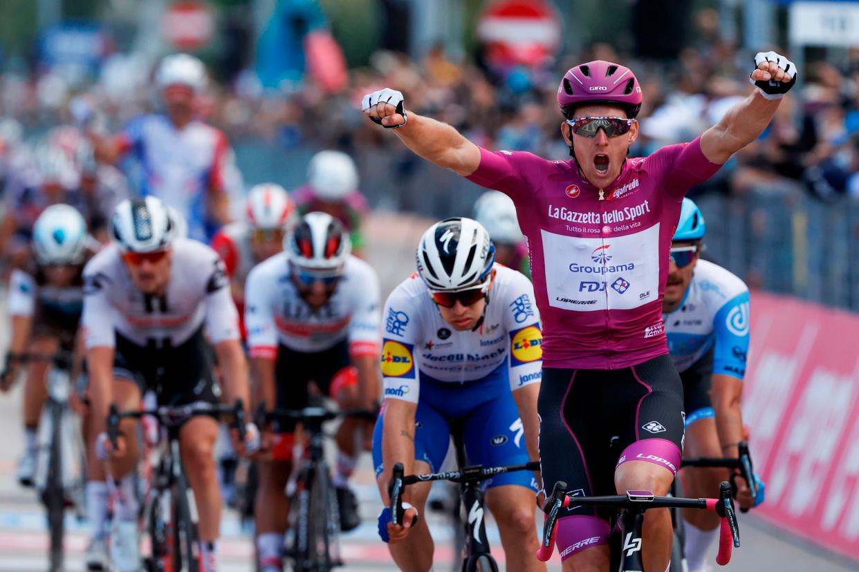 Arnaud Demare celebrates as he crosses the finish line (Getty)