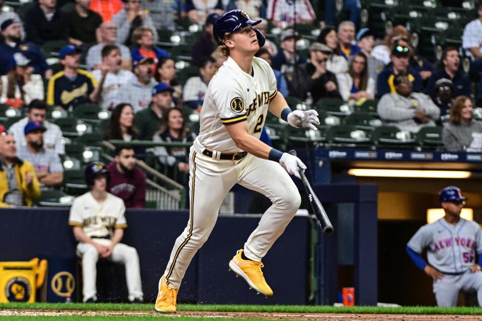 Brewers rightfielder Joey Wiemer watches his three-run home run in the second inning against the New York Mets at American Family Field on Wednesday afternoon.