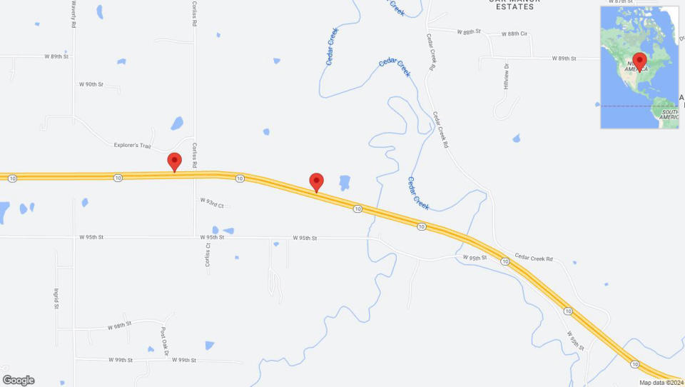 A detailed map that shows the affected road due to 'Drivers cautioned as heavy rain triggers traffic concerns on westbound K-10 in De Soto' on May 26th at 3:25 a.m.