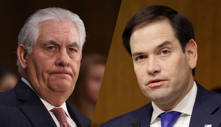 Rex Tillerson and Senator Marco Rubio R-FL at Tillerson's confirmation hearing for Secretary of State in the Dirksen Senate Office Building on January 11, 2017 in Washington, D.C. (Photos: Joe Raedle/Getty Images, /Joshua Roberts /Reuters)