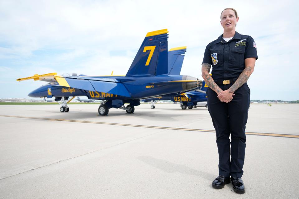 Pilot and maintenance engineer Lt. Katlin Forster is one of the behind-the-scenes experts with the Blue Angels. She specializes in maintaining the jet engines, fuel systems and smoke systems.