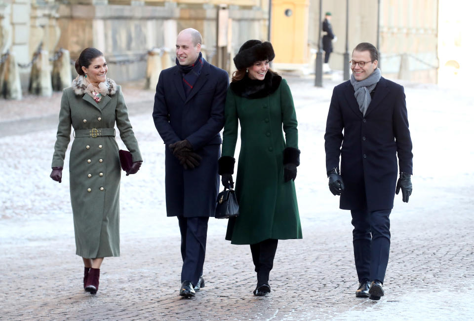 Yesterday, the Duchess carried a new-season bag from Mulberry while walking around Stockholm. [Photo: Getty]