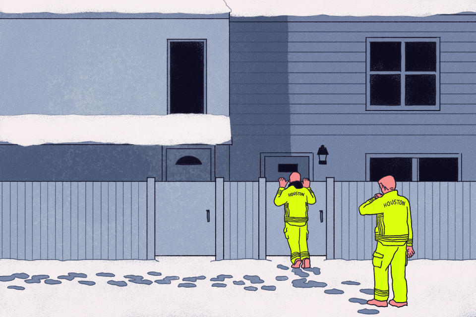 Illustration of Houston Fire Department first responders outside of the home of Etenesh Mersha and Shalemu Bekele and their children. (Laila Milevski / ProPublica)