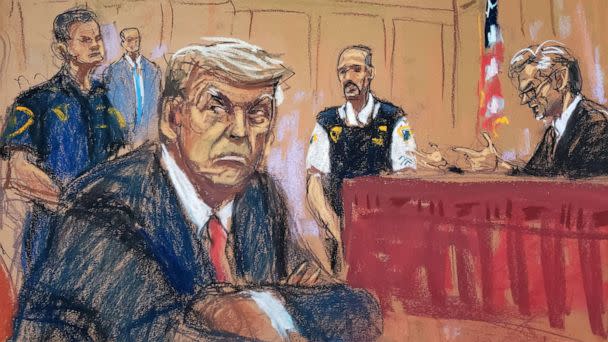 PHOTO: Former President Donald Trump appears in court for an arraignment on charges stemming from his indictment by a Manhattan grand jury in this courtroom sketch, Apr. 4, 2023, in New York. (Jane Rosenberg)