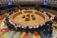 European Union leaders meet during a round table at an EU summit in Brussels, Thursday, Feb. 20, 2020. After almost two years of sparring, the EU will be discussing the bloc's budget to work out Europe's spending plans for the next seven years. (AP Photo/Riccardo Pareggiani, Pool)