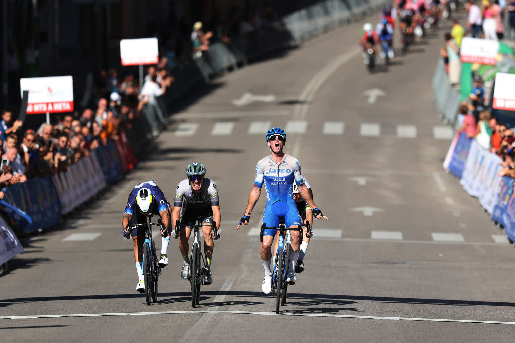  SORIA SPAIN  JULY 26 Felix Engelhardt of Germany and Team JaycoAlUla celebrates at finish line as stage winner ahead of LR Ivn Garca Cortina of Spain and Team Movistar Alessandro Fedeli of Italy and Team Q365 and Alex Molenaar of The Netherlands and Team Electro Hiper Europa during the 37th Vuelta a Castilla Y Leon 2023 Stage 1 a 1689km stage from Soria  to Soria on July 26 2023 in Soria Spain Photo by Gonzalo Arroyo MorenoGetty Images 