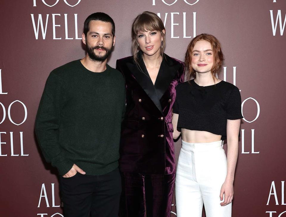 NEW YORK, NEW YORK - NOVEMBER 12: (L-R) Dylan O'Brien, Taylor Swift and Sadie Sink attend the "All Too Well" New York Premiere on November 12, 2021 in New York City. (Photo by Dimitrios Kambouris/Getty Images)