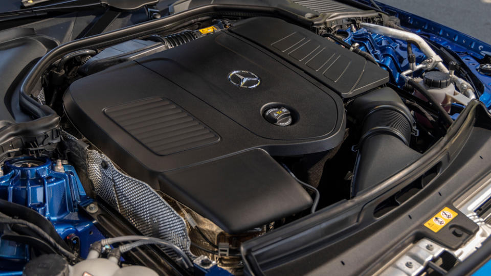 The 2.0-liter, turbocharged four-cylinder engine makes 255 hp and 295 ft lbs of torque. - Credit: Mercedes-Benz AG