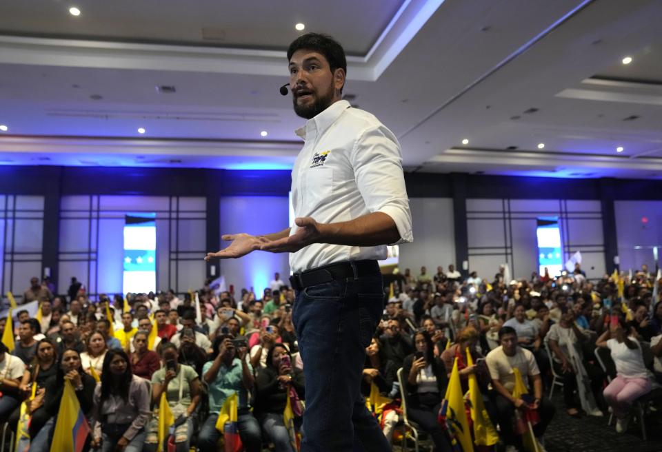 Jan Topic, presidential candidate for the Country Without Fear Coalition, speaks during a campaign event ahead of snap elections set for Aug. 20, in Guayaquil, Ecuador, Thursday, Aug. 17, 2023. (AP Photo/Martin Mejia)