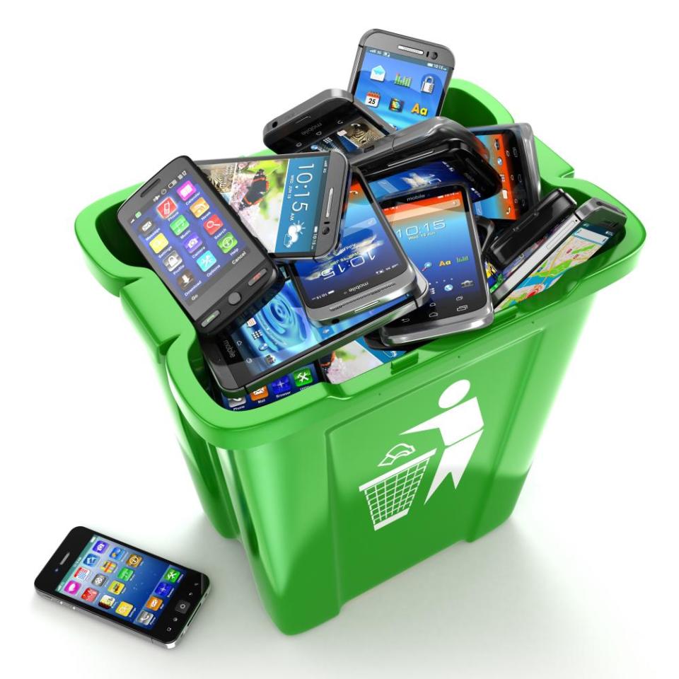 A bin of recycled smartphones