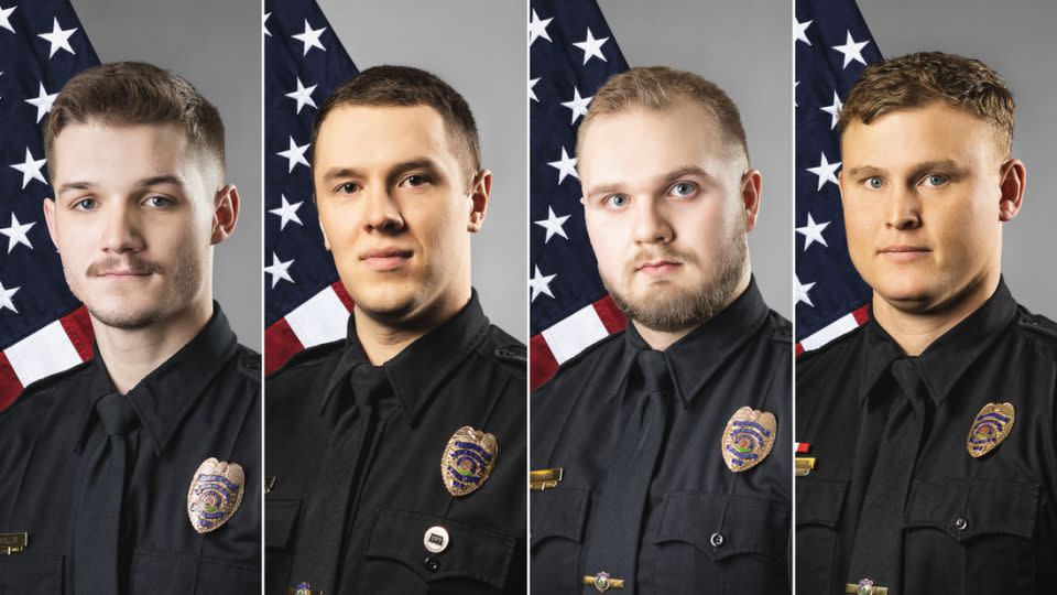 Fargo Police Officers, from left, Jake Wallin, Andrew Dotas, Tyler Hawes and Zach Robinson. Officer Wallin was killed in a shooting Friday, July 14, and Officers Dotas and Hawes sustained gunshot wounds. - Fargo Police