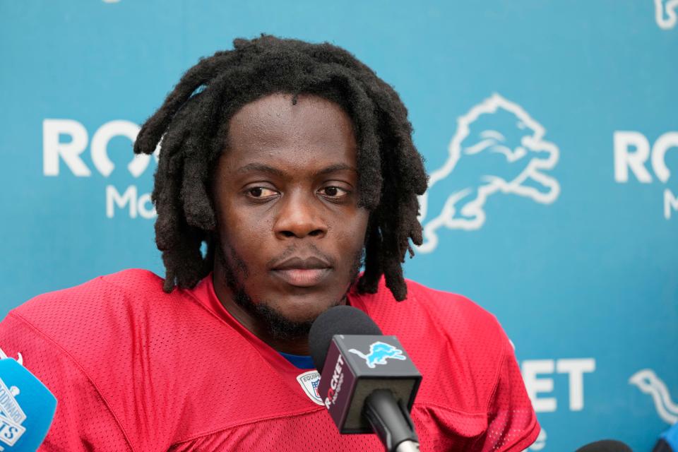 Lions quarterback Teddy Bridgewater talks to the media after training camp practice on Monday, Aug. 14, 2023, in Allen Park.