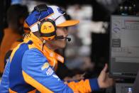 Kyle Larson waits in his pit box during a practice session for the Indianapolis 500 auto race at Indianapolis Motor Speedway, Friday, May 17, 2024, in Indianapolis. (AP Photo/Darron Cummings)
