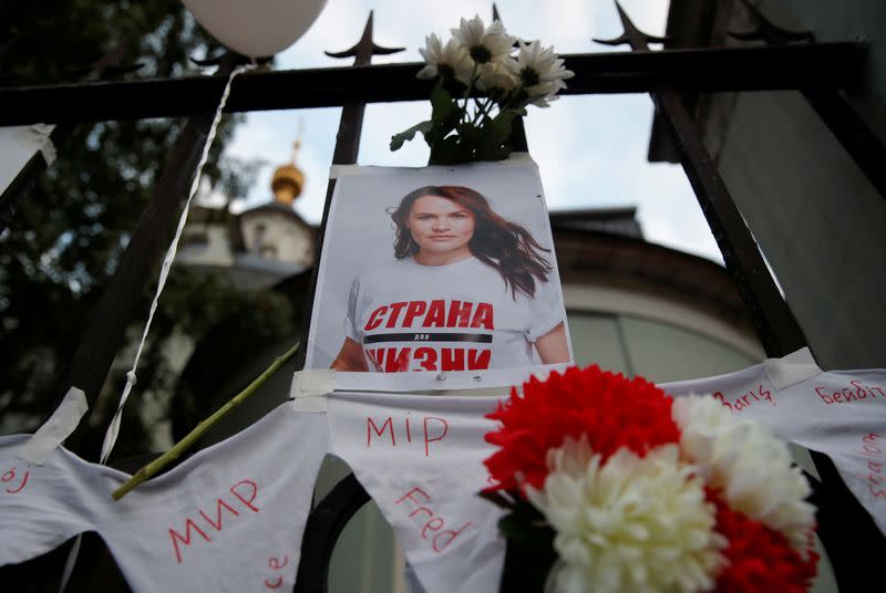 FILE PHOTO: A view shows a photograph of Belarusian opposition leader Sviatlana Tsikhanouskaya in Moscow