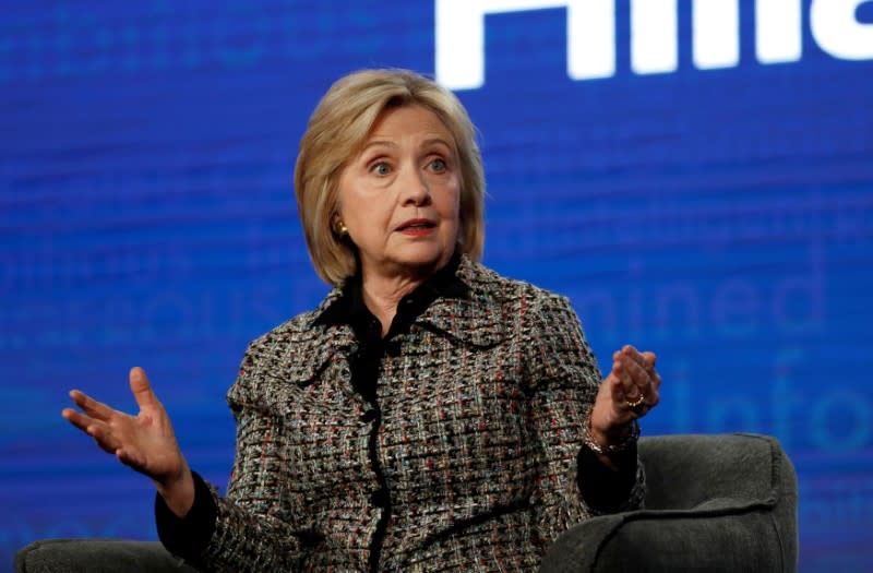 FILE PHOTO: Former U.S. Secretary of State Clinton speaks at a panel for the Hulu documentary "Hillary" during the Winter TCA (Television Critics Association) Press Tour in Pasadena
