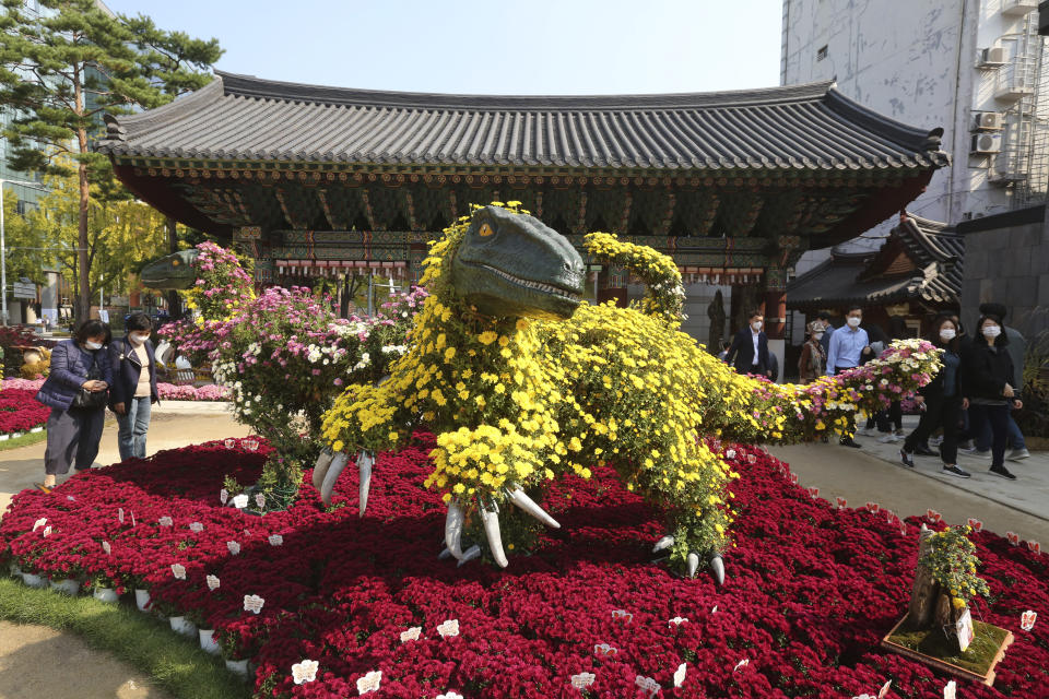 People wearing face masks to help curb the spread of the coronavirus pass by dinosaurs made of chrysanthemum flowers during the Chrysanthemum festival at the Chogyesa temple in Seoul, South Korea, Monday, Oct. 19, 2020. South Korea on Monday began testing tens of thousands of employees of hospitals and nursing homes to prevent COVID-19 outbreaks at live-in facilities. (AP Photo/Ahn Young-joon)