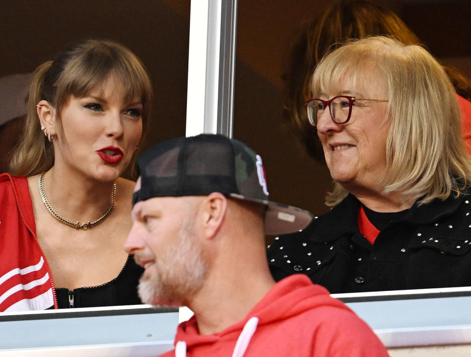 Taylor Swift and Donna Kelce at the Kansas City Chiefs and Denver Broncos game on Oct. 12. (RJ Sangosti/MediaNews Group/The / Denver Post via Getty Images)