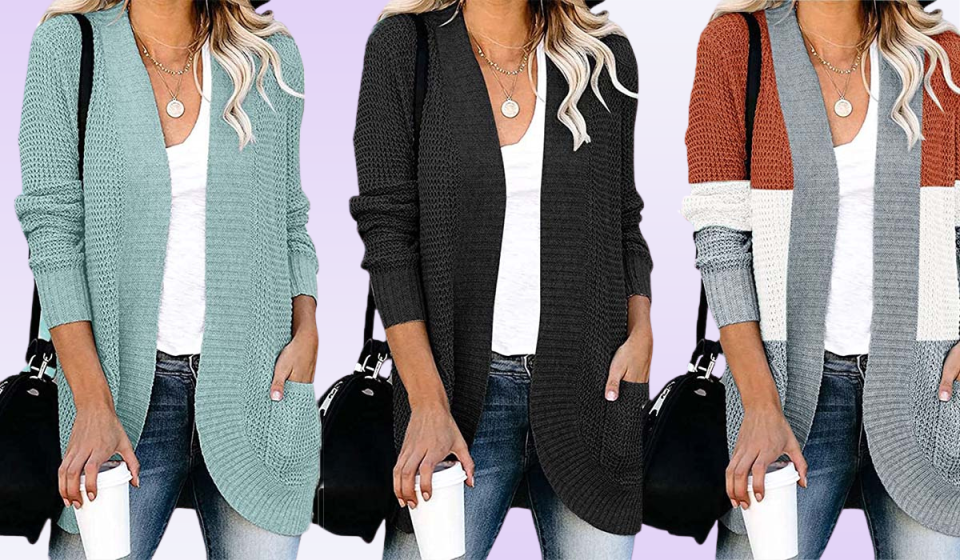 waffle knit mid-length open-front cardigans in light blue, black, and multicolor stripe