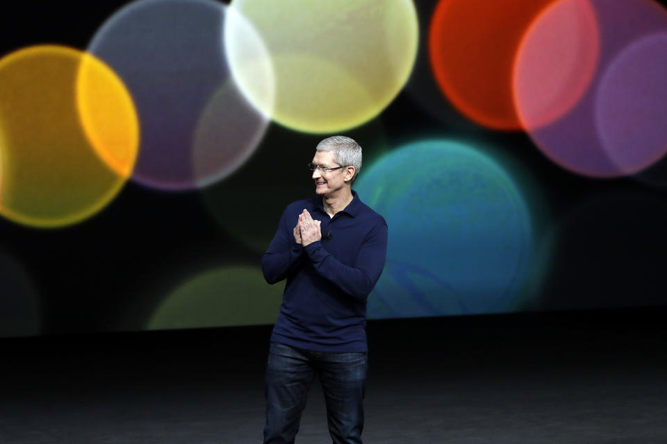 Apple CEO Tim Cook speaks during an event to announce new products