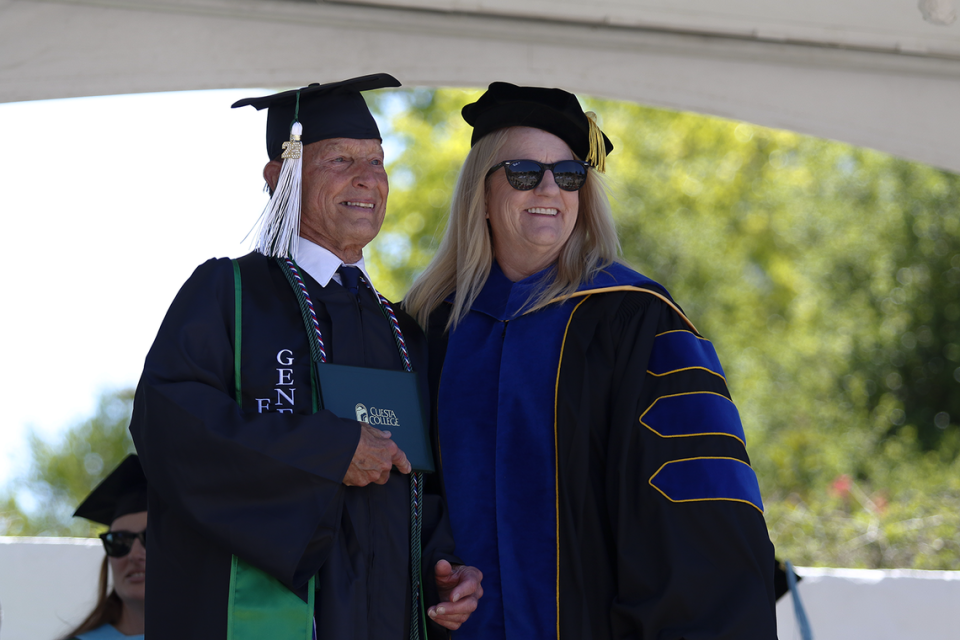 Robert Gagnebin, 74, of San Luis Obispo graduated Cuesta College in San Luis Obispo on Friday, May 19, 2023. Cuesta College Superintendent Dr. Jill Stearns handed the graduating students their diplomas and posed for a photo with each student.
