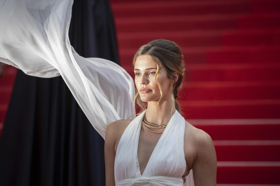 FILE - In this July 7, 2021 file photo Noelle Capri poses for photographers upon arrival at the premiere of the film 'Everything Went Fine' at the 74th international film festival, Cannes, southern France. (Photo by Vianney Le Caer/Invision/AP, File)