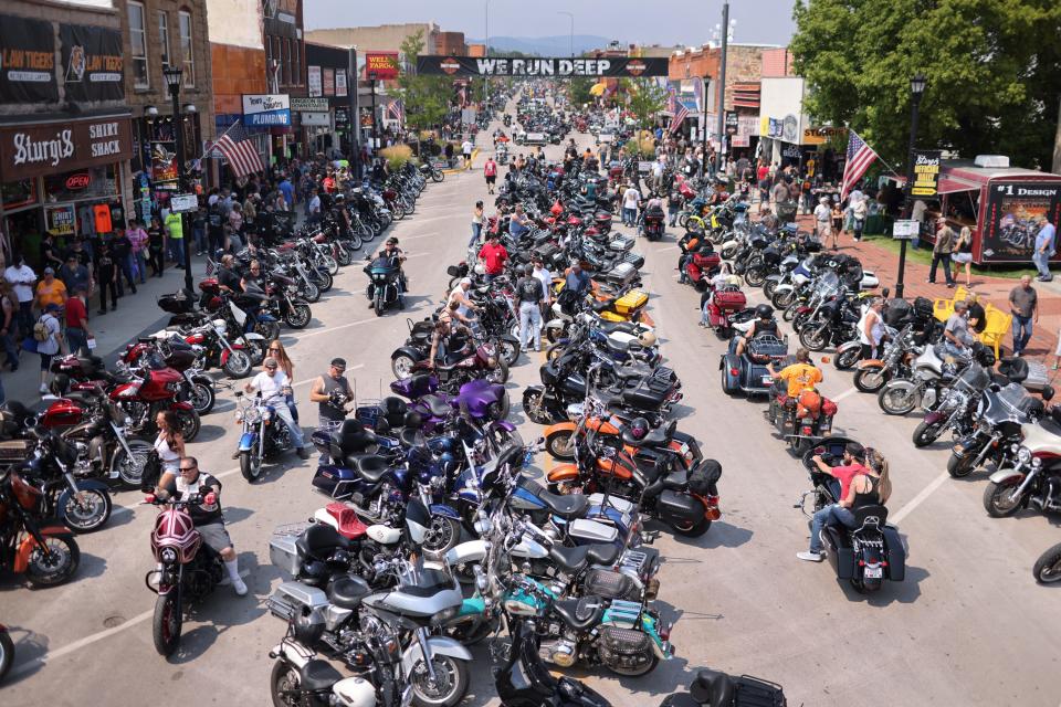 Motorcycle enthusiasts attend the 81st annual Sturgis Motorcycle Rally on Aug. 8, 2021 in Sturgis.