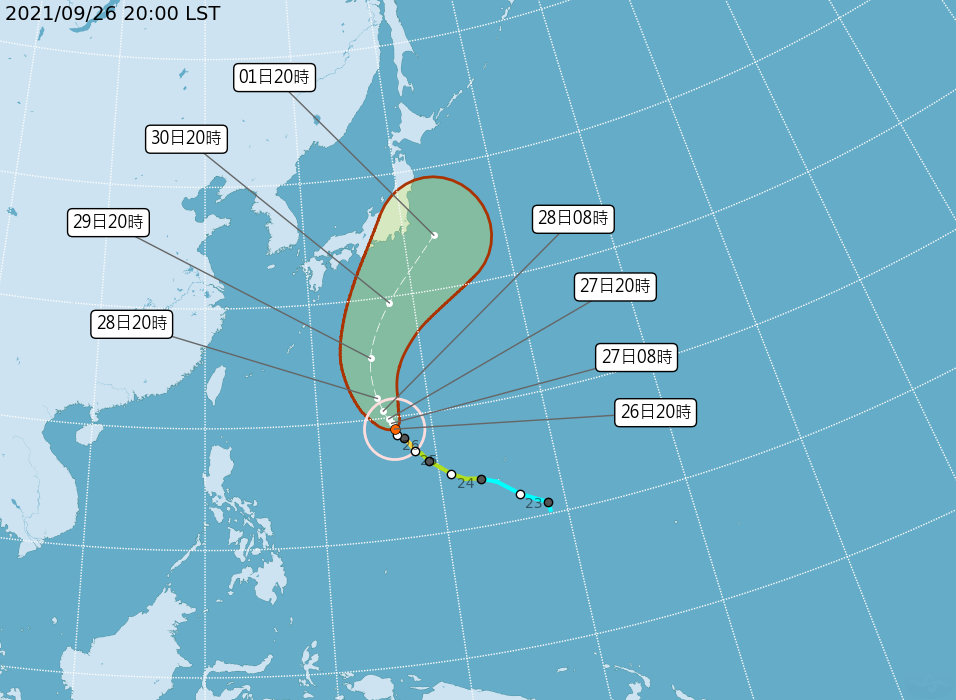 強烈颱風「蒲公英」則是持續往日本前進，對台灣的天氣並無影響。（中央氣象局提供）