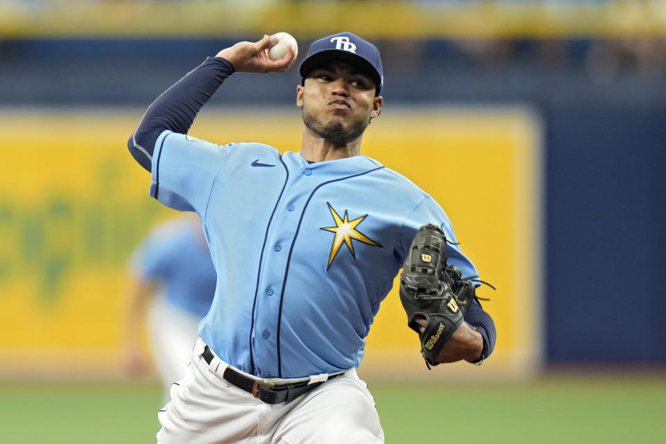 Tampa Bay Rays starting pitcher Taj Bradley delivers to the Baltimore Orioles during the first inning of a baseball game Wednesday, June 21, 2023, in St. Petersburg, Fla. (AP Photo/Chris O'Meara)