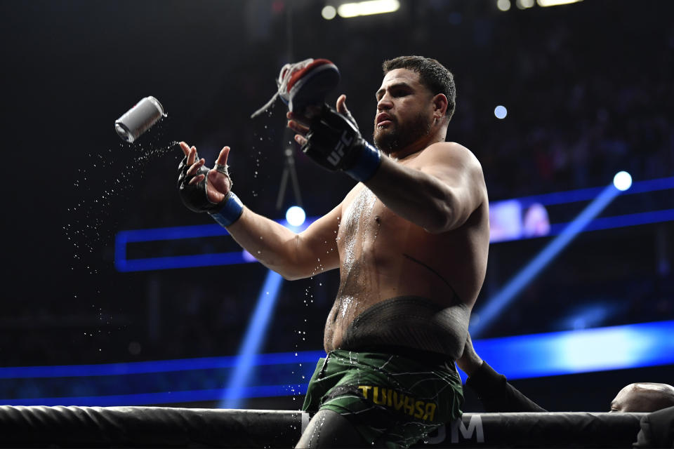 LAS VEGAS, NEVADA - DECEMBER 11: Tai Tuivasa of Australia celebrates after defeating Augusto Sakai of Brazil in their heavyweight bout during the UFC 269 on December 11, 2021 in Las Vegas, Nevada. (Photo by Chris Unger/Zuffa LLC)