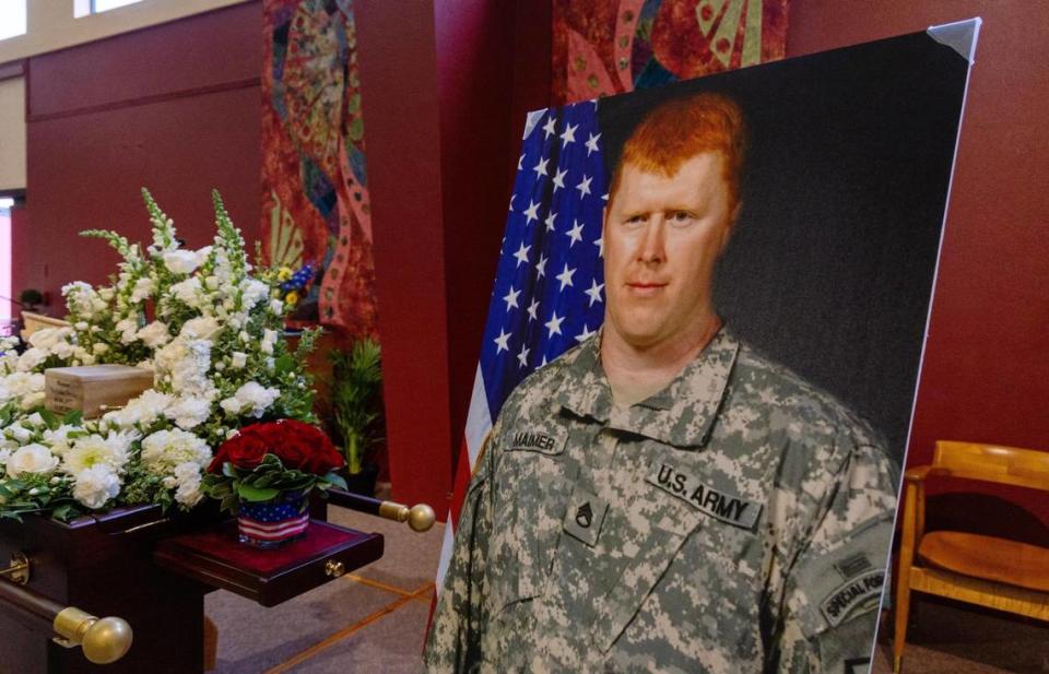 A portrait of Idaho U.S. Army Special Forces veteran Nick Maimer was displayed at his memorial service in Boise, on Sept. 20, 2023.