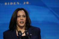 Vice President-elect Kamala Harris speaks during an event at The Queen theater in Wilmington, Del., Friday, Jan. 8, 2021, to announce key administration posts. (AP Photo/Susan Walsh)