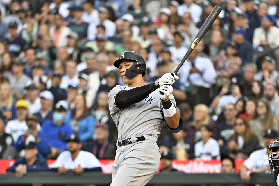 SEATTLE, WASHINGTON - MAY 29: Aaron Judge #99 of the New York Yankees hits a two-run home run during the third inning against the Seattle Mariners at T-Mobile Park on May 29, 2023 in Seattle, Washington. (Photo by Alika Jenner/Getty Images)