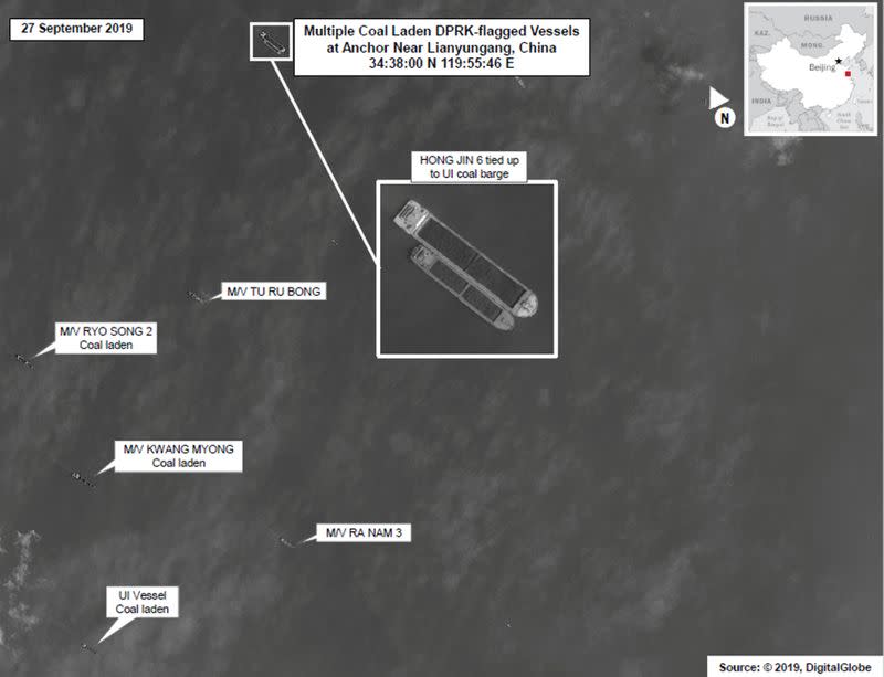 Multiple coal-laden North Korean-flagged vessels anchored near the Chinese port of Lianyungang