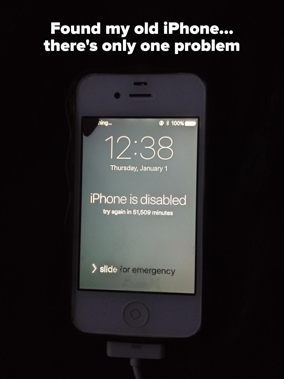 iPhone screen displaying "iPhone is disabled, try again in 61,509 minutes" with emergency call slider