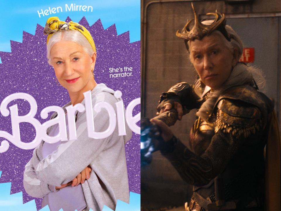 On the left: Helen Mirren in an official movie poster for "Barbie." On the right: Mirren as Hespera in "Shazam: Fury of the Gods."