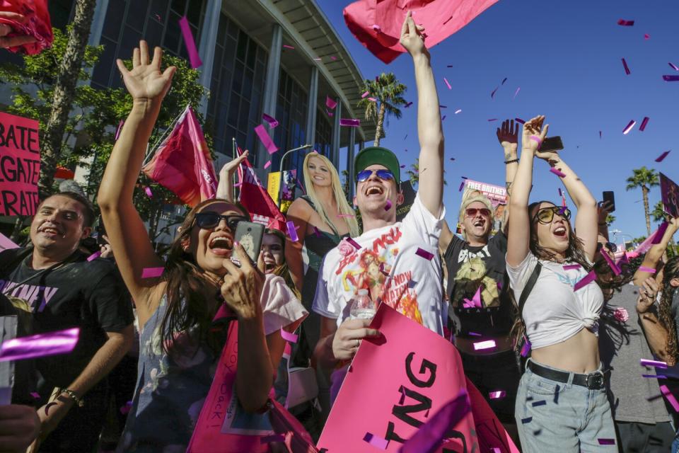 Britney Spears fans celebrate, scream and jump.