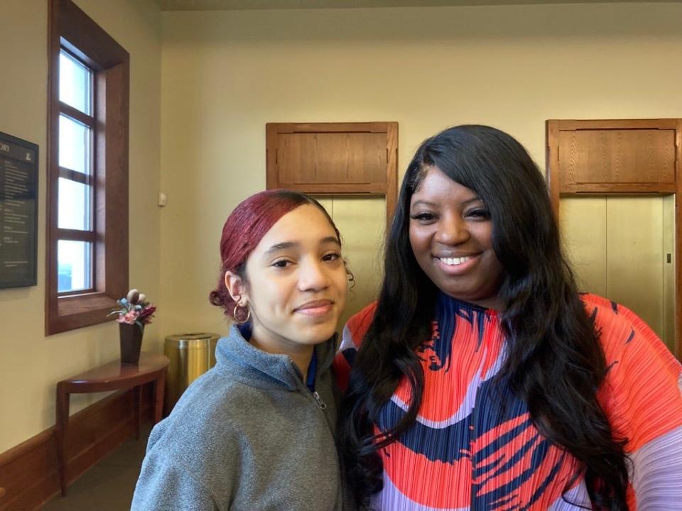 Lindsey Maria Batista, student, poses with her counselor from College Achieve Paterson High school, Erica Mickens at Montclair State University's Educational Opportunity Fund conference for young women on March 24, 2023